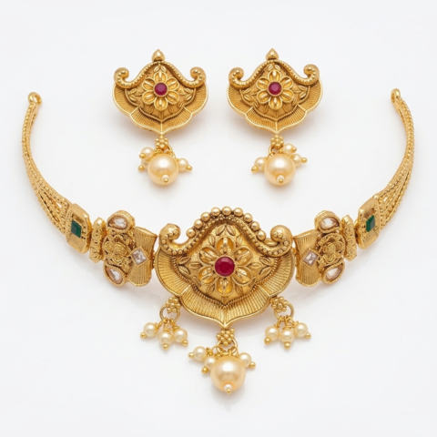 SOUTH INDIAN GOLD PLATED CHOKER WITH EARRING