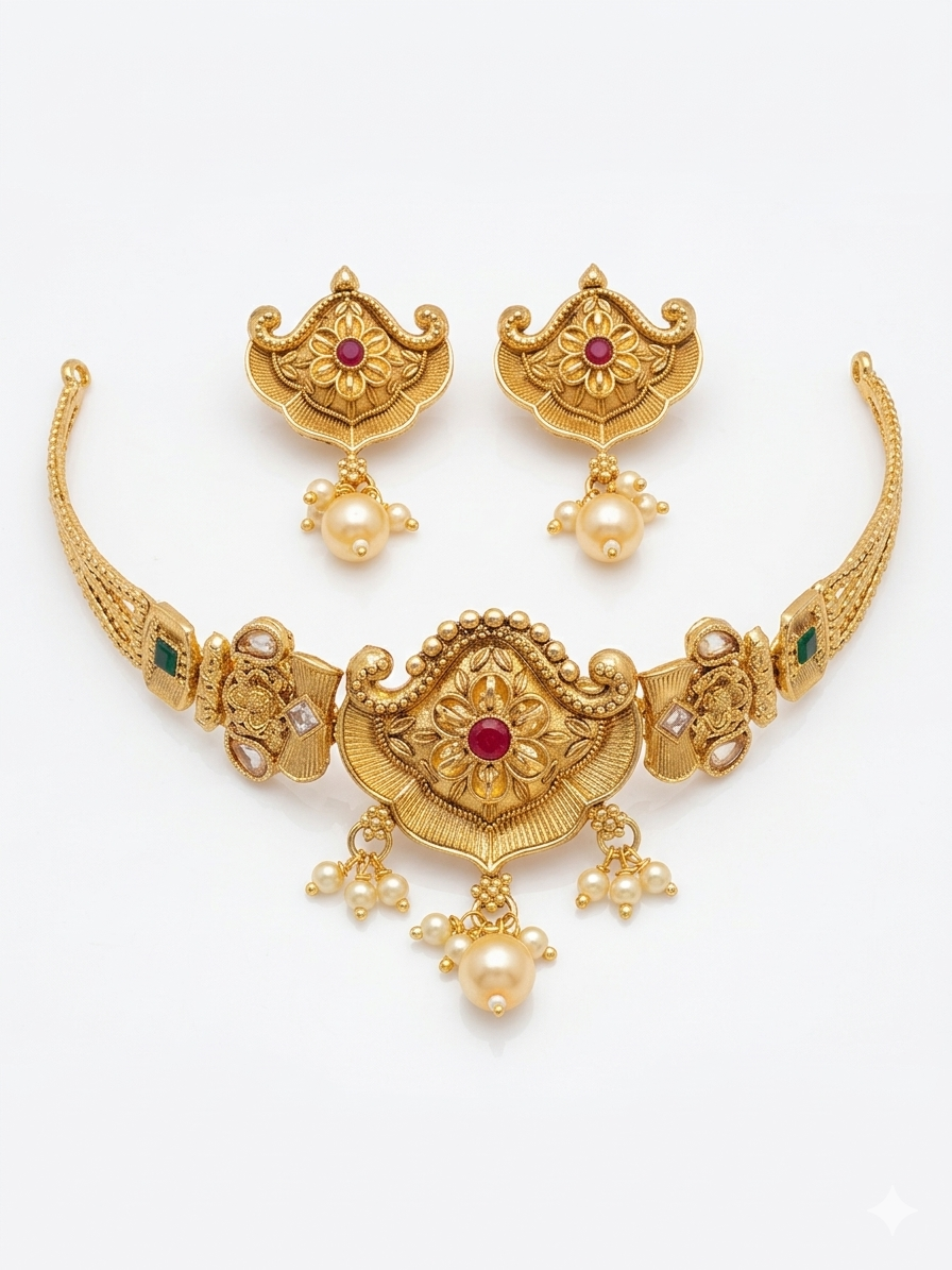 SOUTH INDIAN GOLD PLATED CHOKER WITH EARRING