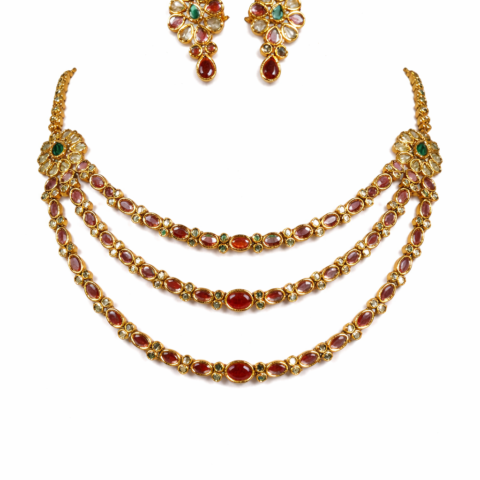 PREMIUM QUALITY DESIGNER GOLD PLATED 3 LAYER NECKLACE WITH EARRING