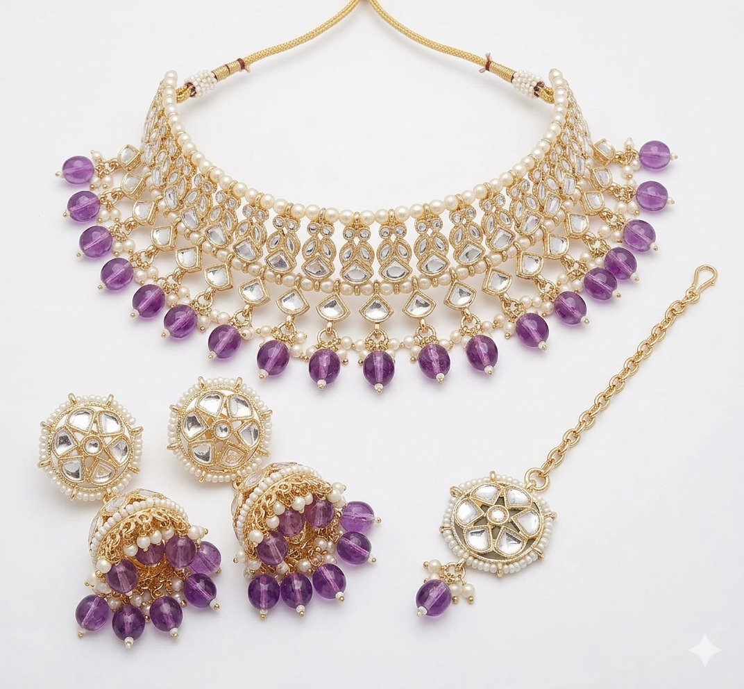 PREMIUM QUALITY KUNDAN PEARL NECKLECE WITH EARRING & MANGTIKA