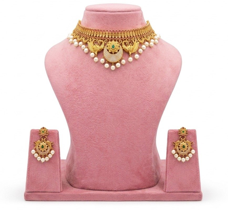 Gold Plated South Indian Choker with Earring - Image 2
