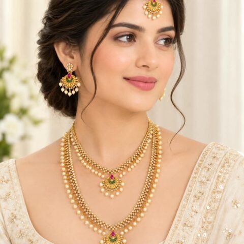 SOUTH INDIAN GOLD PLATED NECKLACE WITH EARRING AND MANGTIKA